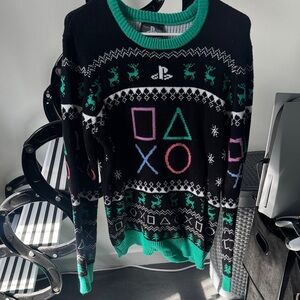 Sony PlayStation Black and Green Crewneck Holiday Sweater